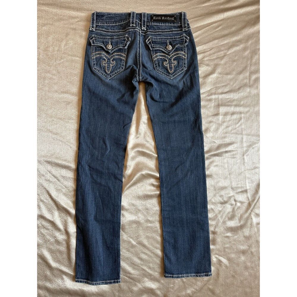 Rock Revival Womens Sz 27 Debbie Straight Blue Jeans Low Rise Medium Wash Bling - Picture 4 of 10